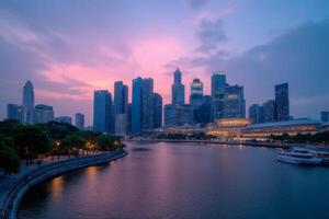 Stunning Cityscape at Sunset Skyline Waterfront and Modern Architecture photo