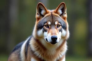 Majestic Red Wolf Portrait Striking Gaze Wild Canine Forest Background photo