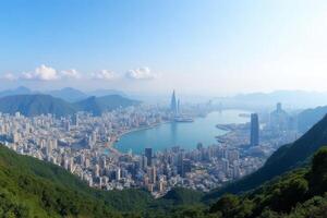 Panoramic View of Coastal City Skyline Mountains and Bay from Hilltop photo