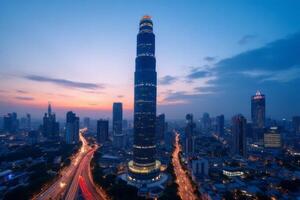 Stunning Twilight Cityscape Skyscraper Highway and Urban Skyline at Sunset photo