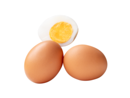 Two raw chicken eggs and cooked or boiled egg with egg yolk in one half isolated with clipping path in file format png