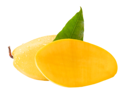 Single ripe yellow mango fruit with half and green leaf in stack isolated with clipping path in file format png