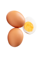 A group of raw chicken eggs and cooked or boiled egg with egg yolk in one half isolated with clipping path in file format png