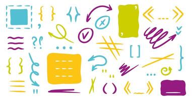 Doodle color shapes, text box, parenthesis, brackets, punctuation mark, comma, squiggle arrow, lines, rectangle frames for social media. Black abstract isolated design elements. Speech bubble blobs vector