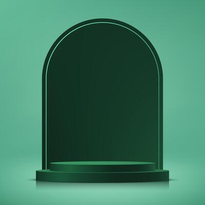 Green background 3d with dark green podium space for selling products, backdrop, wallpaper, background, text. 3D abstract studio room with pedestal podium. illustration.