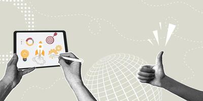 Trendy halftone collage. Strategic Business Planning. Product launch planning concept,teamwork,teamwork,plan development,ideas,data analysis for successful development. illustration vector