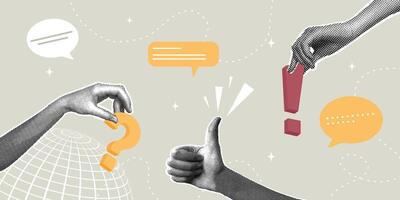 Trendy halftone collage. Global communication and feedback. Frequently asked questions concept, problem solving, question and answer, FAQ. illustration vector