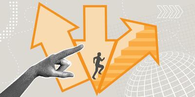 Trendy halftone collage. Choose your path. Concept of the path to success, new opportunities, progress,problem solving concept. Hand points to a path with an upward arrow to success. vector