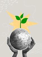 Trendy halftone collage. Concept of caring for our planet, careful attitude, sprout, concept of beginning and prosperity. illustration vector