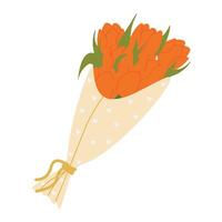 Bouquet of orange tulips wrapped in decorative paper with hearts, tied with a ribbon. Floral illustration in a soft, elegant style for spring holidays and Mother's Day vector