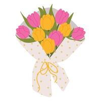 Bouquet of pink and yellow tulips wrapped in decorative paper with dots,, tied with a ribbon. Floral illustration in a soft, elegant style for spring holidays and Mother's Day vector