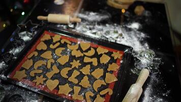 Gingerbread cookies cut out of dough lie on a baking sheet video