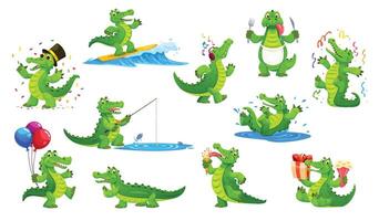 Cartoon green crocodile reptile characters set vector