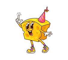 Groovy cheese character in party hat pointing up vector