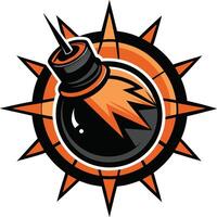Stylized Bomb Logo Circular Design Orange Black Color Scheme Explosive Icon Spiked Border Dynamic Flame Illustration vector
