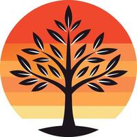 Stylized Tree Silhouette Circular Sunset Background Gradient Orange Sky Minimalist Design Illustration vector