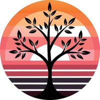 Tree Silhouette Sunset Background Circular Frame Gradient Stripes Minimalist Retro Illustration vector