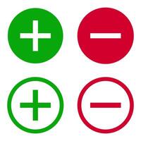 Plus and minus round icon set in red and green colors isolated on white background. vector