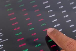 Hand pointing to stock market financial data interface on digital screen photo