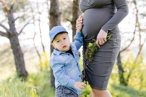 Cute boy stroking mum's pregnant belly at the forest. Pregnant mother and her little son walking and funny spending time together. photo