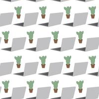 Open laptop and Cactus in pot Seamless pattern. Thematic cards Background Texture or wallpaper idea. Isolated illustration Wrapping or web promo banner, leaflet, cards, price tag, label, poster vector