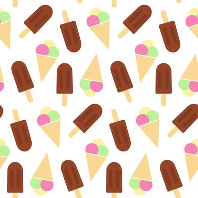 Berry Vanilla Pistachio ice cream balls in Waffle cone Chocolate Ice Cream on stick Seamless pattern. Isolated illustration Wallpaper Background web promo leaflets, cards, poster, banner, label