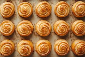 Ruddy buns with a golden crust on a baking sheet after fresh baking. photo