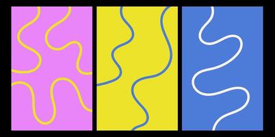 Abstract playful minimalistic background with wavy line. Set of posters with organic curvy curly stripe. Wave line art vector
