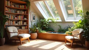 Sunlit Attic Library Nook with Plush Chairs and Greenery photo