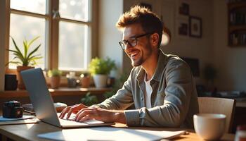 Smiling Man in Cozy Home Office Working on Laptop photo