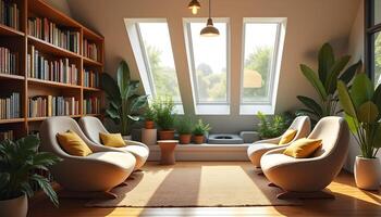 Cozy Reading Nook in Attic Library with Skylight Windows photo