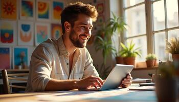 Smiling Man Working in Sunlit Artistic Home Office photo
