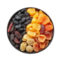 Plate filled mixed dried fruits including apricots, figs, and dates, isolated on transparent background png