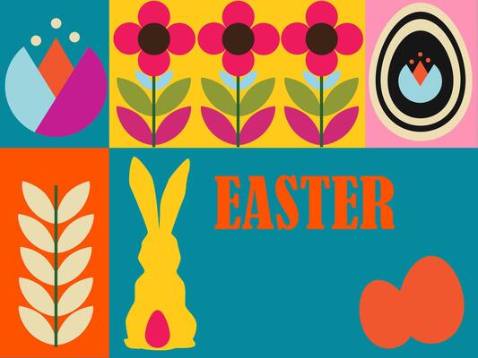 easter greeting card color illustration for Easter day yellow Easter bunny, decorative elements spring flowers poster postcard