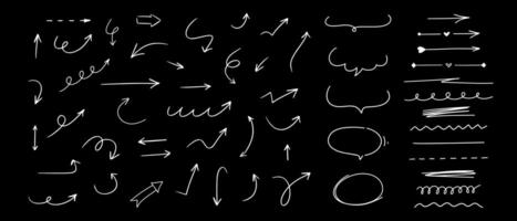 Hand drawn different line elements. Doodle sketch style arrows, scribbles, speech bubbles and underlines. Different element set on black background. vector