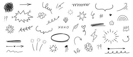 Hand drawn different line elements. Doodle sketch style arrows, scribbles, stars, speech bubbles and underlines. Grunge element set. vector