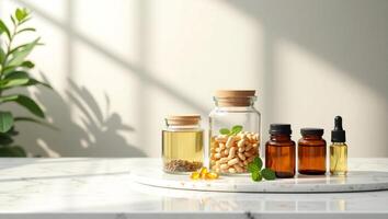 various oils and essential oils on a table photo