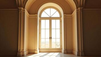 an empty room with a large window and arched door photo