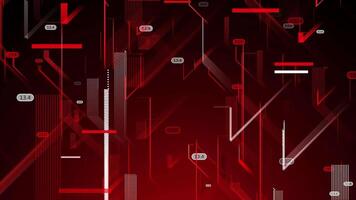Big data, algorithms for calculating numbers on a red background. Glowing graphic lines, geometric shapes, hot backdrop. Red tech intro, looped. Background for TV show. Programming the information video
