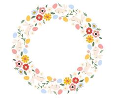 Easter wreath. Easter frame with painted eggs, bunny and flowers. Easter holiday card, banner, poster, element, border with copy space. Flat illustration in hand drawn style vector