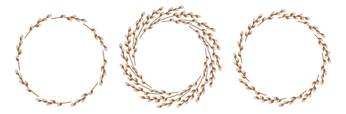 Pussy-willow wreath. Easter frame with Spring branches. Easter decorations, card, banner, poster, element, border with copy space. Flat illustration in hand drawn style
