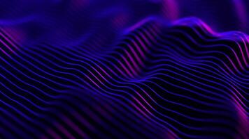 Fluid Wavy Vibrant Blue Purple Geometry. Abstract purple digital waves on dark blue background with soft purple light rays. Digital sea particle waves background. Violet waves seamlessly flowing loop video