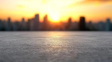 An empty concrete floor with a city skyline in the background photo