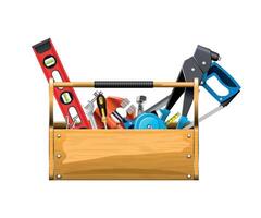 wooden box with working construction tools on white background vector