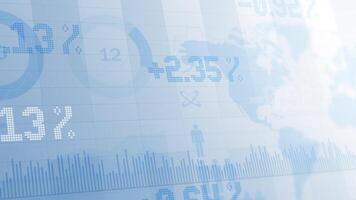 Blurred background for business presentation with world map. Black and white animation of graphs and charts with variable numbers. Looped motion graphics. 3D animation of rising blue bar graph video