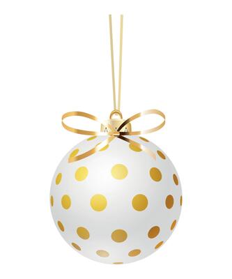 New Year Christmas glass ball with golden dotted pattern on Christmas tree on white background