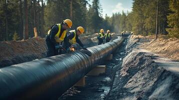 Workers working on a pipeline in the woods photo
