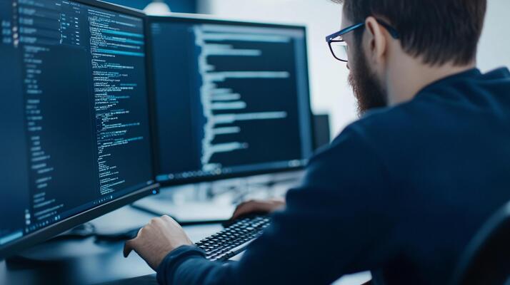 A man is working on two computer screens