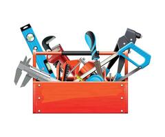 red wooden box with working construction tools on white background vector