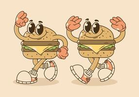 Full retro colors of two burger mascot character with happy face vector